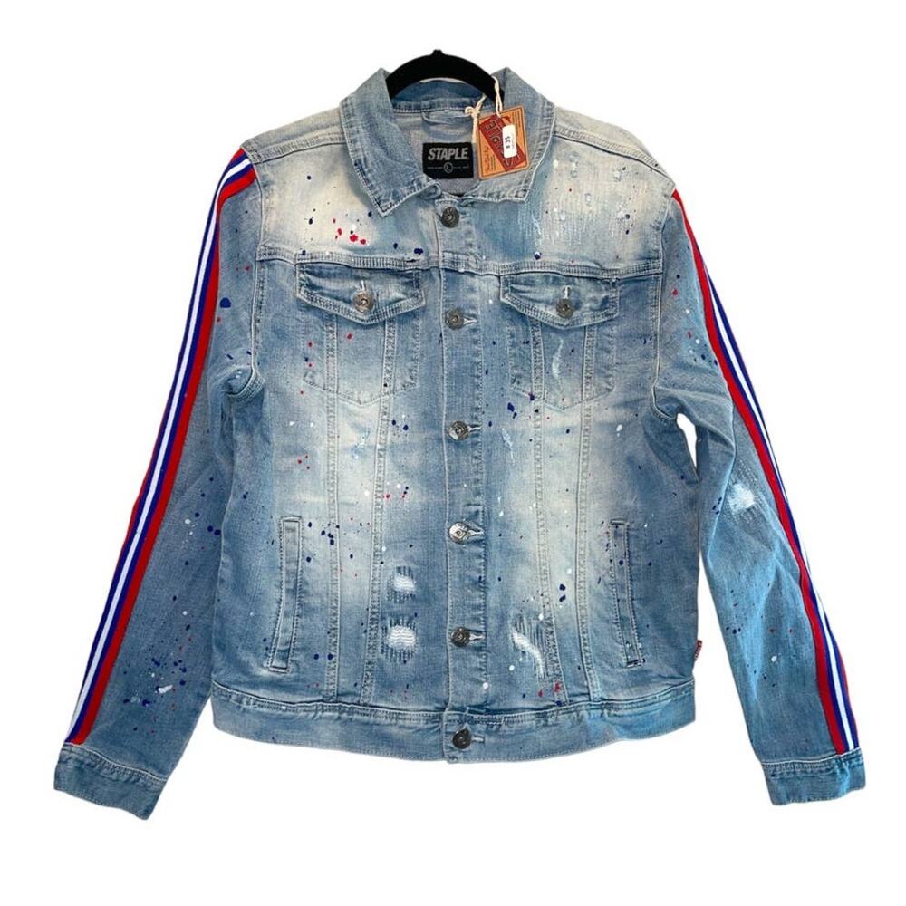 Staple Pigeon Splatter Light Stone Wash Denim Jean Jacket size Large